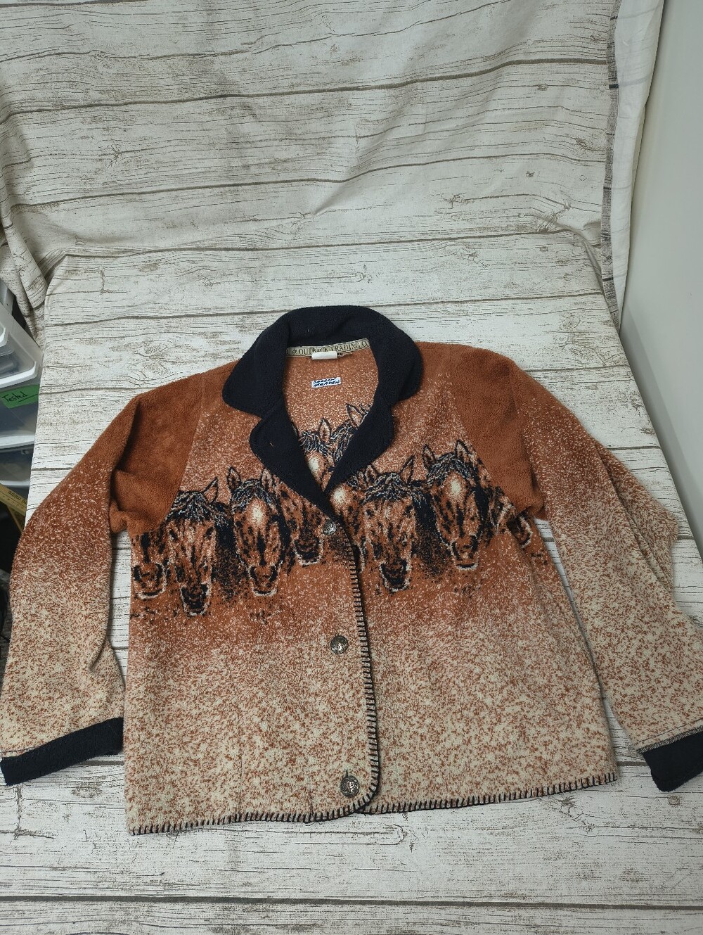 VTG Outback Trading Horse Motif Fleece Buffalo Nickle Button Sweater Large